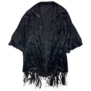 Black Velvet Kimono Shawl w/Fringe & Moon/Sun/3rd Eye Graphics on Back | Size OS